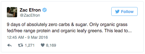 Zac Efron Tweets about his diet.